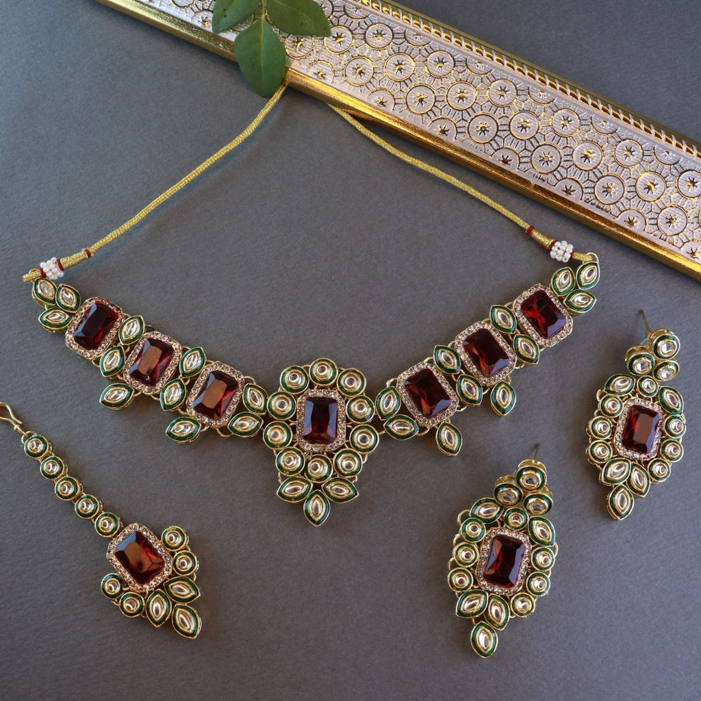 Gold-Polished Traditional Kundan & Stone Studded Choker Necklace Jewellery with Earrings & Maang Tikka Set for Women - Wahe Jewels - Swadesiicart