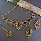 Gold-Polished Traditional Kundan & Stone Studded Choker Necklace Jewellery with Earrings & Maang Tikka Set for Women - Wahe Jewels - Swadesiicart