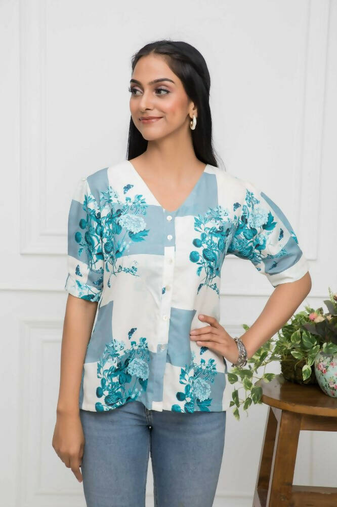 Myshka Women White Floral V-Neck Flutter Sleeves Viscose Rayon Top | Grocsy