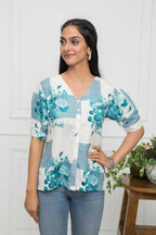 Myshka Women White Floral V-Neck Flutter Sleeves Viscose Rayon Top | Grocsy