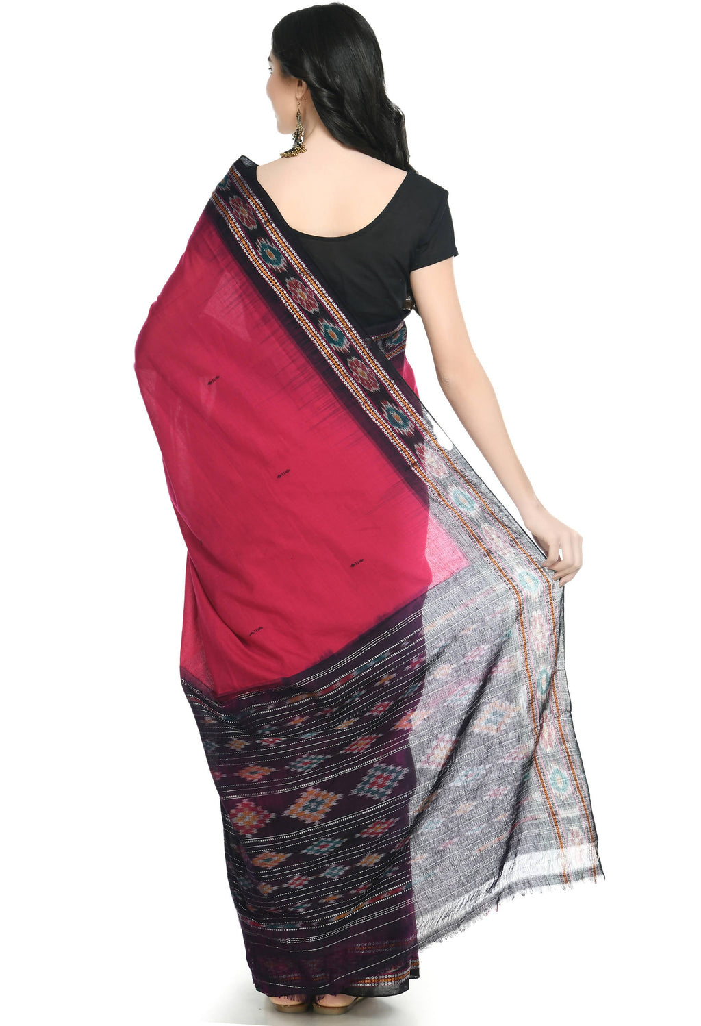 Vamika Sambalpuri Ikat Cotton Rekhabala Buti Magenta & Black Saree | Grocsy