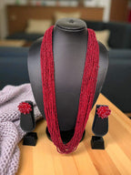 Inhanns Rangsaaz 20-Layer Luxe Long Beaded Necklace (With Optional Statement Earrings) - Maroon With Earring | Grocsy
