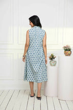 Myshka Women Blue Ethnic Motifs Cotton A-Line Mandarin Collar Dress | Grocsy