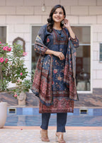 Kaajh Women's Navy Blue Digital Print Flora Chanderi Kurta Pant Set With Dupatta | Grocsy