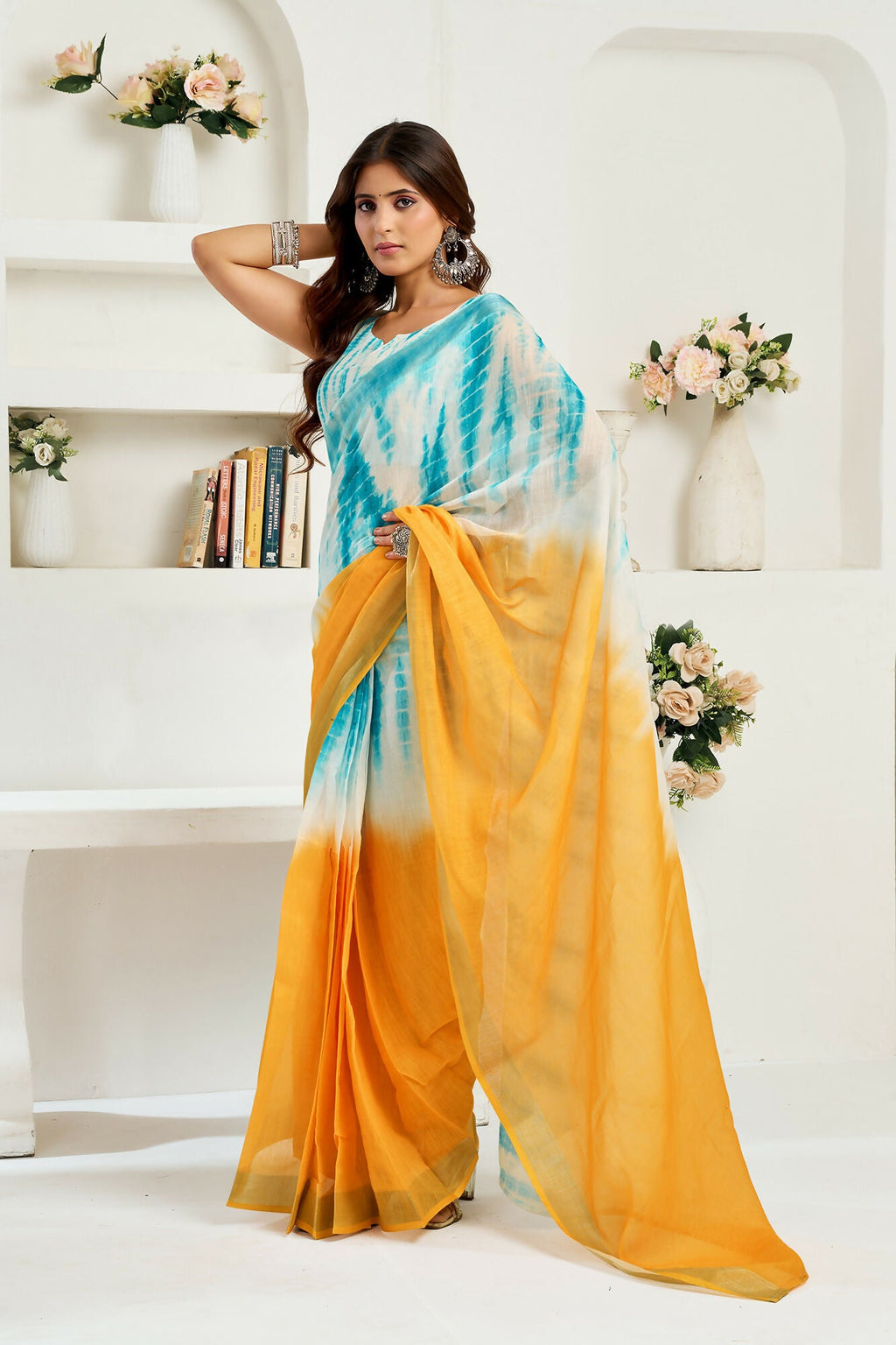 Vastranavya Multi Digital Printed Linen Ready To Wear Designer Saree with Unstitched Blouse | Grocsy