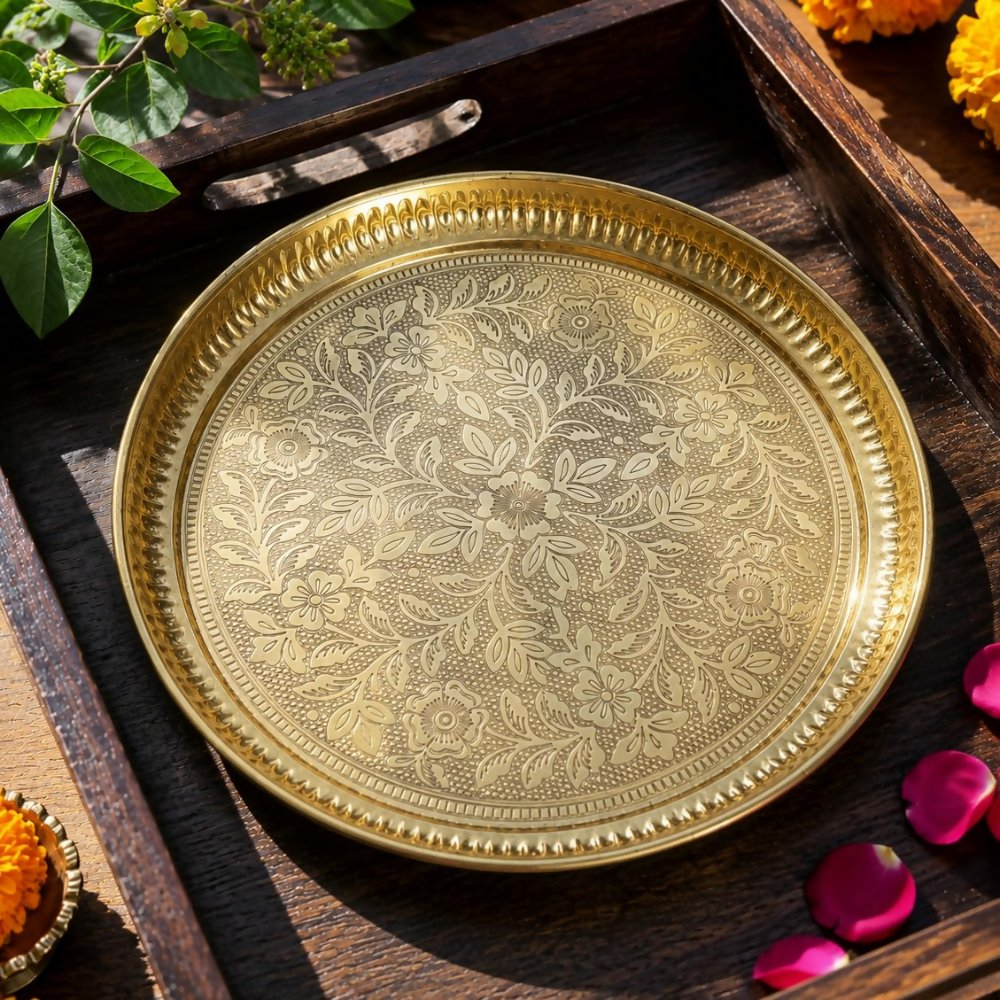 Pure Source India Handmade Flower Embossed Design Brass Puja Thali | Grocsy
