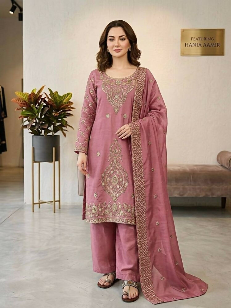 Teeya Creation Pink Color Gimmychu Silk Embroidery Work Wedding Wear Salwar Suit | Grocsy