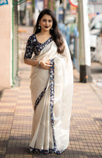 Cream Pure Linen Ethnic Motifs Saree with Unstitched Blouse - A2M | Grocsy