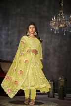 Jyoti Fashion Women's Yellow Net Embroidered Anarkali Kurta Pant Set With Dupatta | Grocsy