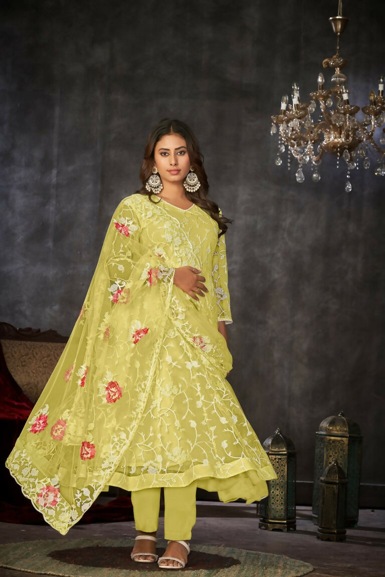 Jyoti Fashion Women's Yellow Net Embroidered Anarkali Kurta Pant Set With Dupatta | Grocsy