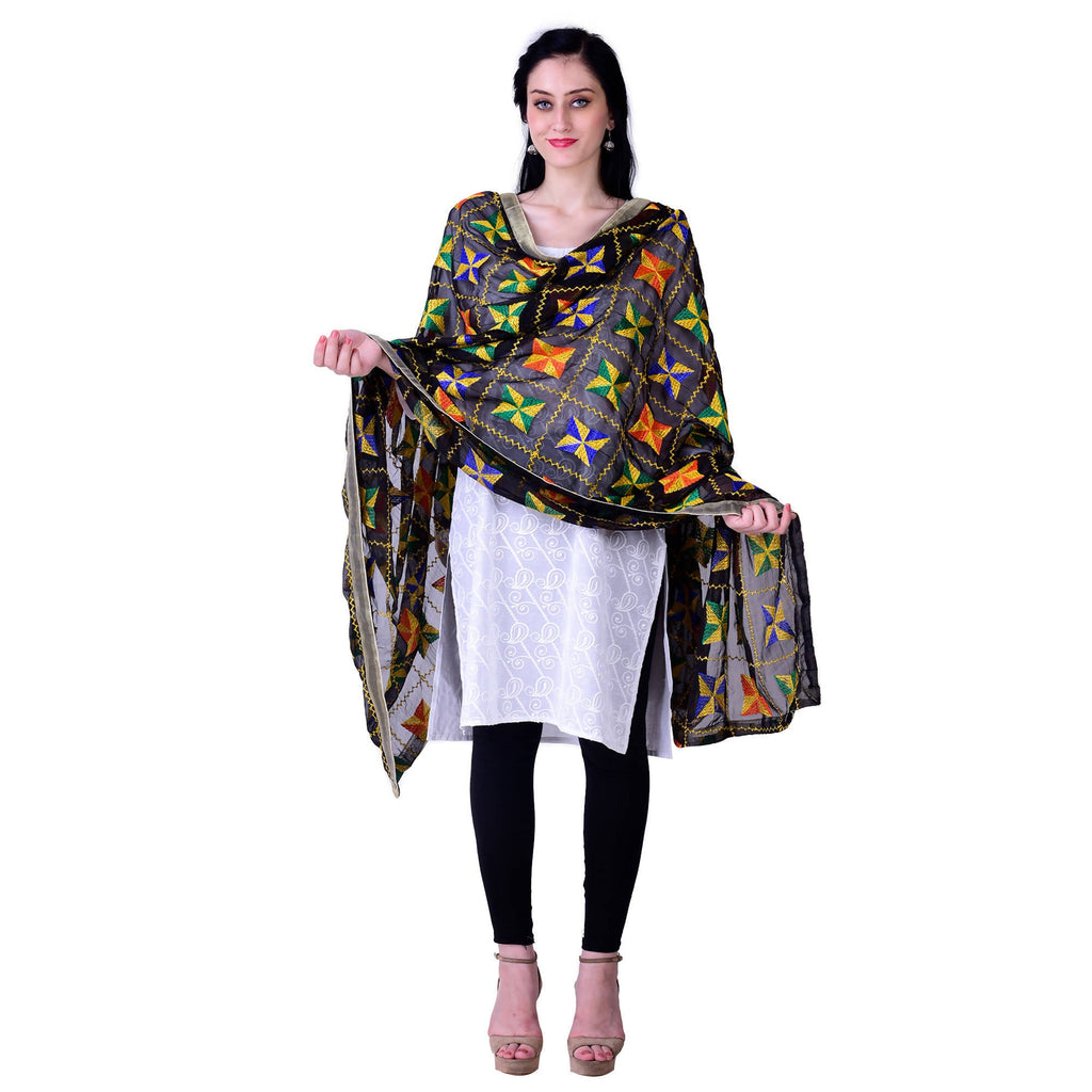 SWI Stylish Women's Embroidered Phulkari Chiffon Black Dupatta | Grocsy