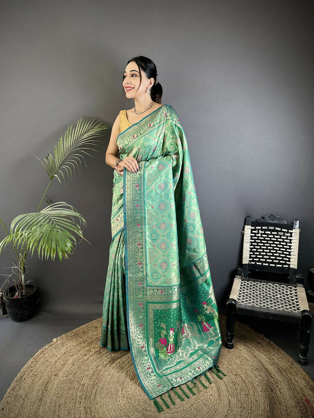 Joban Fashion Aqua Green Geometric Pattern Soft Silk Patola Saree | Grocsy