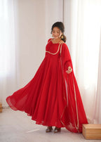 The52 Women's Gorgeous Solid Fox Blooming Georgette Fabric Flared Anarkali and Dupatta Set | Grocsy