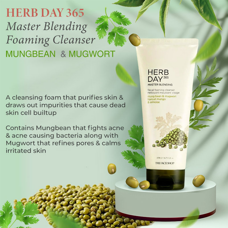 The Face Shop Herb Day 365 Master Blending Foaming Cleanser- Mungbean & Mugwort - Korean Skincare | Grocsy