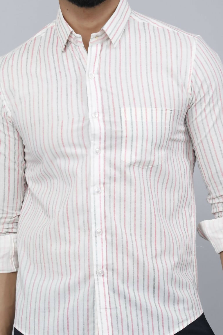 Miravan Men's White Spread Collar Striped Print Casual Shirt | Grocsy