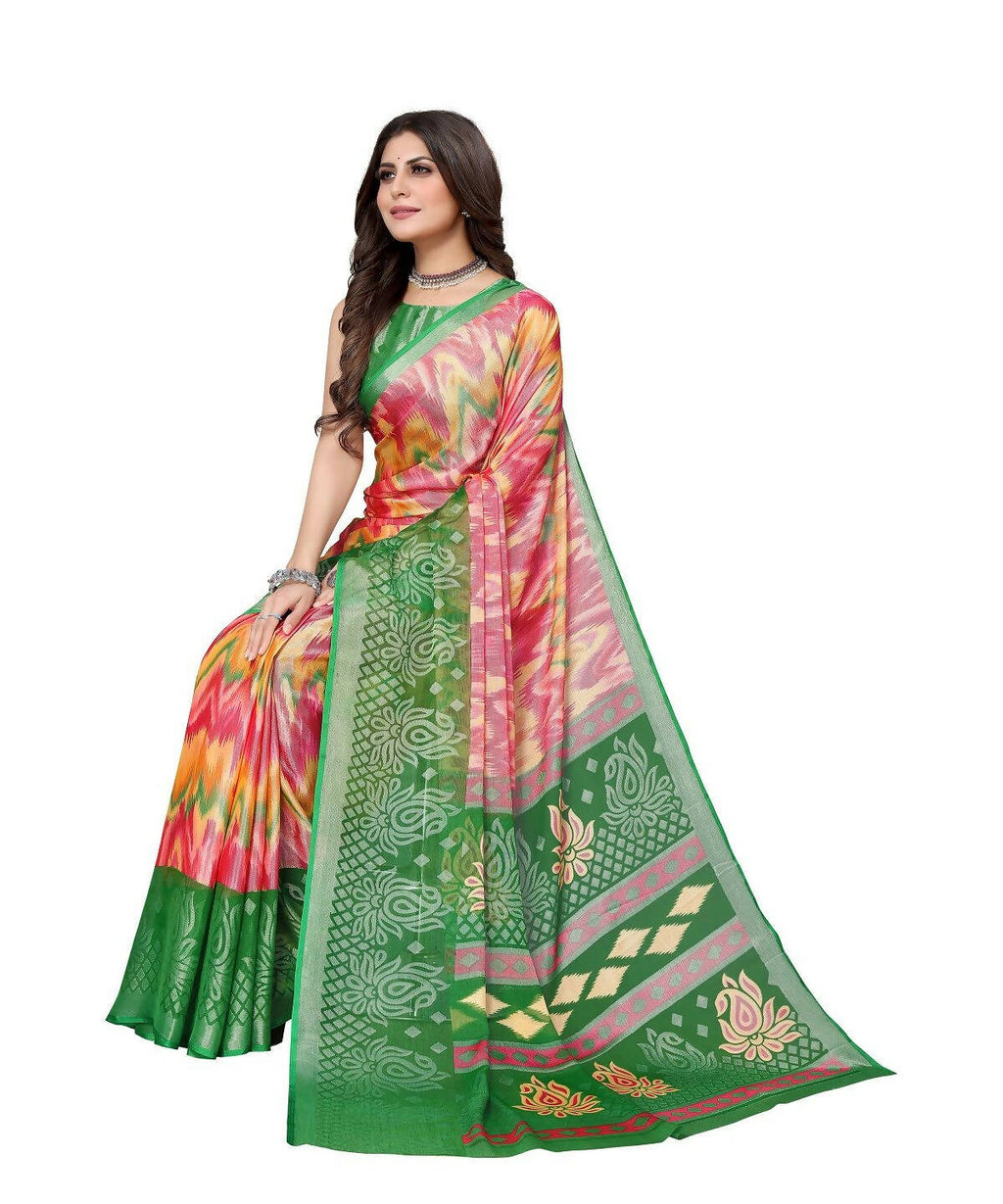 Vamika Pink Chiffon Brasso Bollywood Style Woven Saree (KARUNA GREEN) | Grocsy