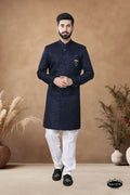 Joban Fashion Men's Blue Straight Silk Thread & Sequence Embroidery All Over Indo-Western Kurta Set | Grocsy
