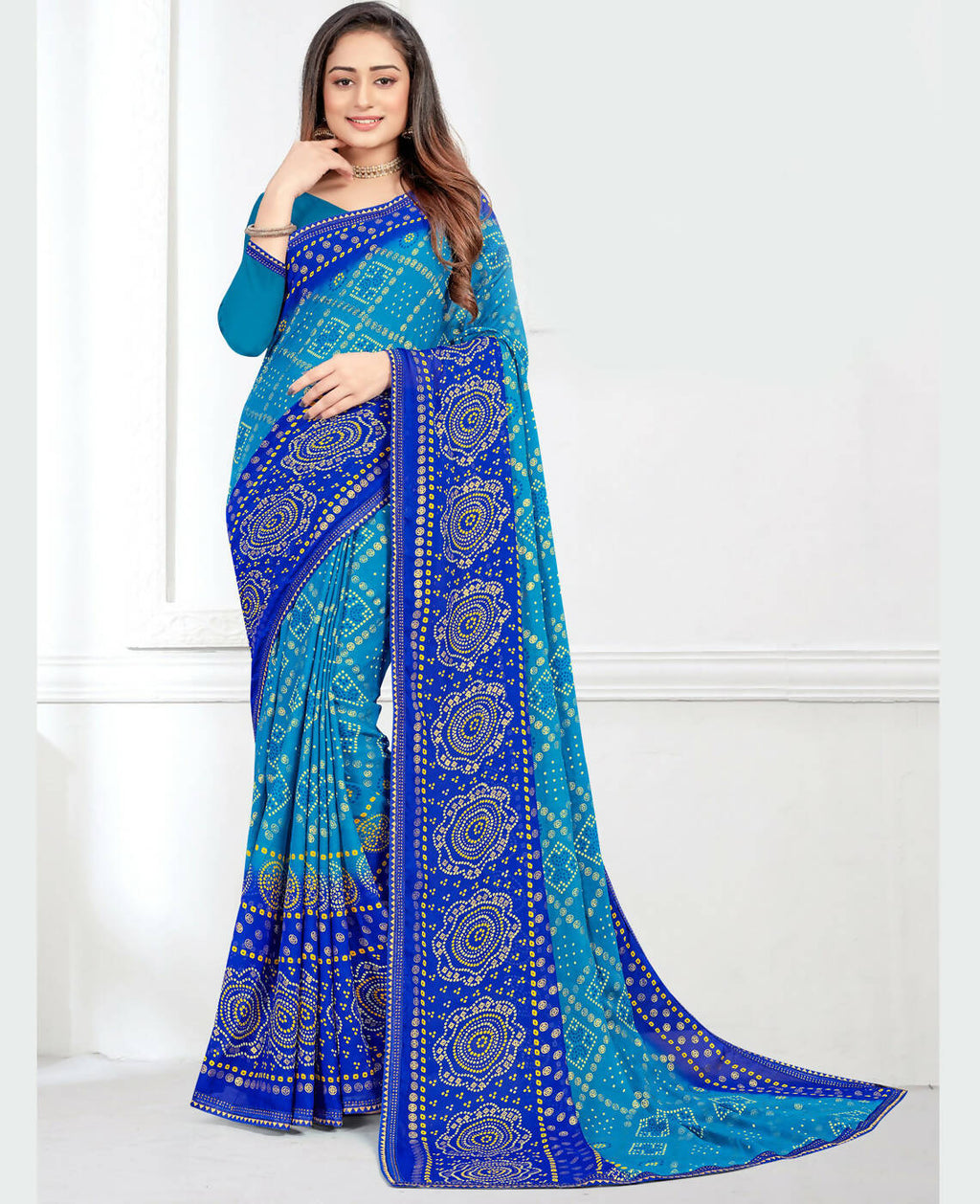 Sky Blue Georgette Bandhani Printed Saree With Unstitched Blouse Piece - Jyoti | Grocsy