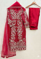 Teeya Creation Womens New Soft Net With Heavy Embroiedery With Sequence Work Red Kurta Set | Grocsy