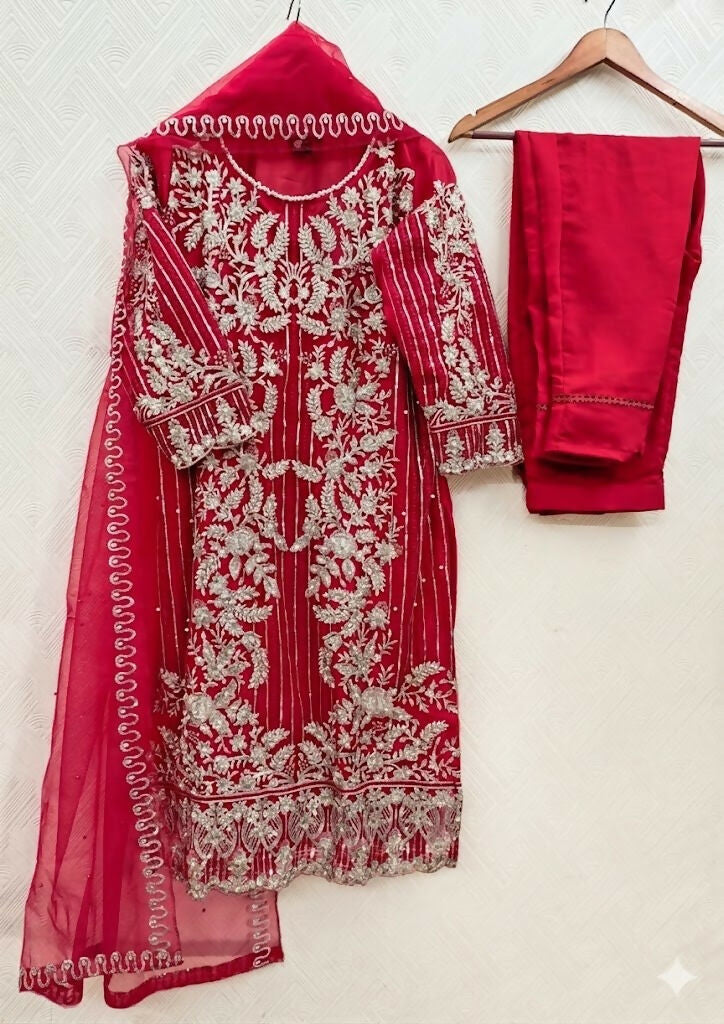 Teeya Creation Womens New Soft Net With Heavy Embroiedery With Sequence Work Red Kurta Set | Grocsy