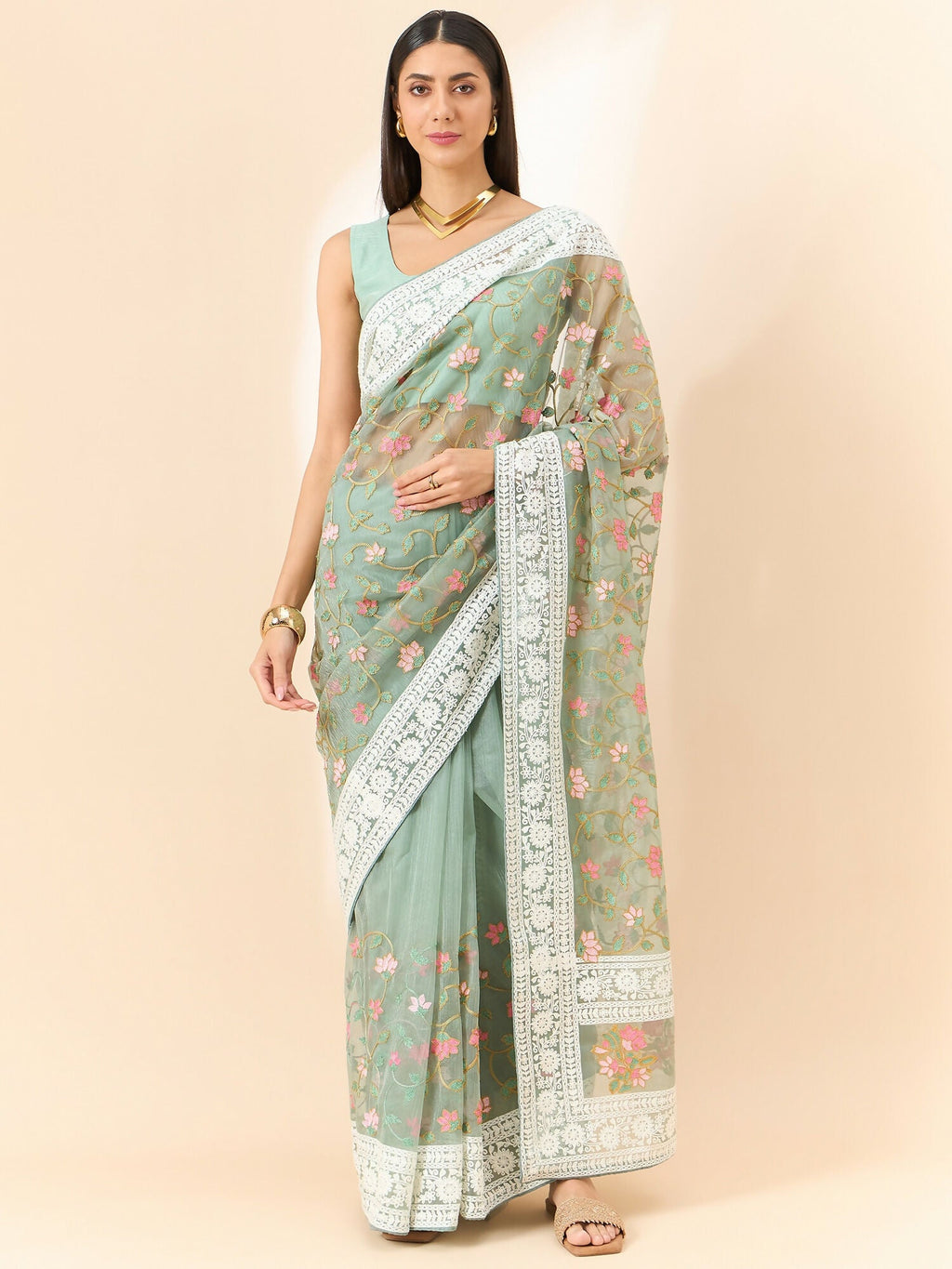 Green Organza Floral Embroidered Saree with Unstitched Blouse Piece - Roozal | Grocsy