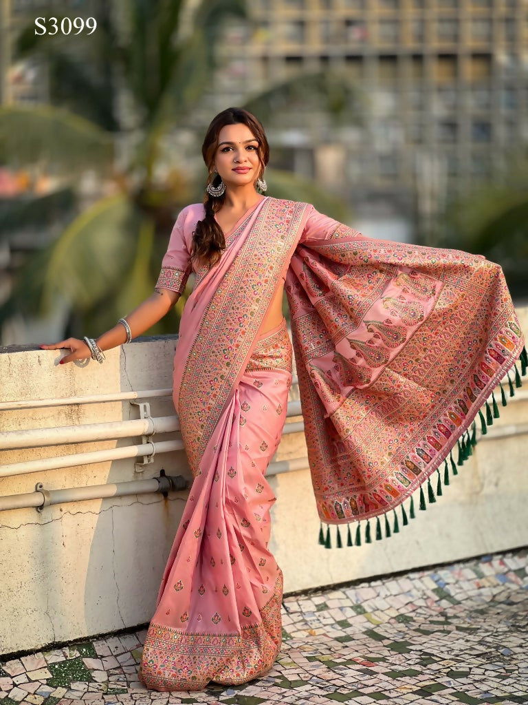 Pink Pashmina Silk Wevon Kashmiri Meenakari Designer Saree with Unstitched Blouse - Vandini | Grocsy