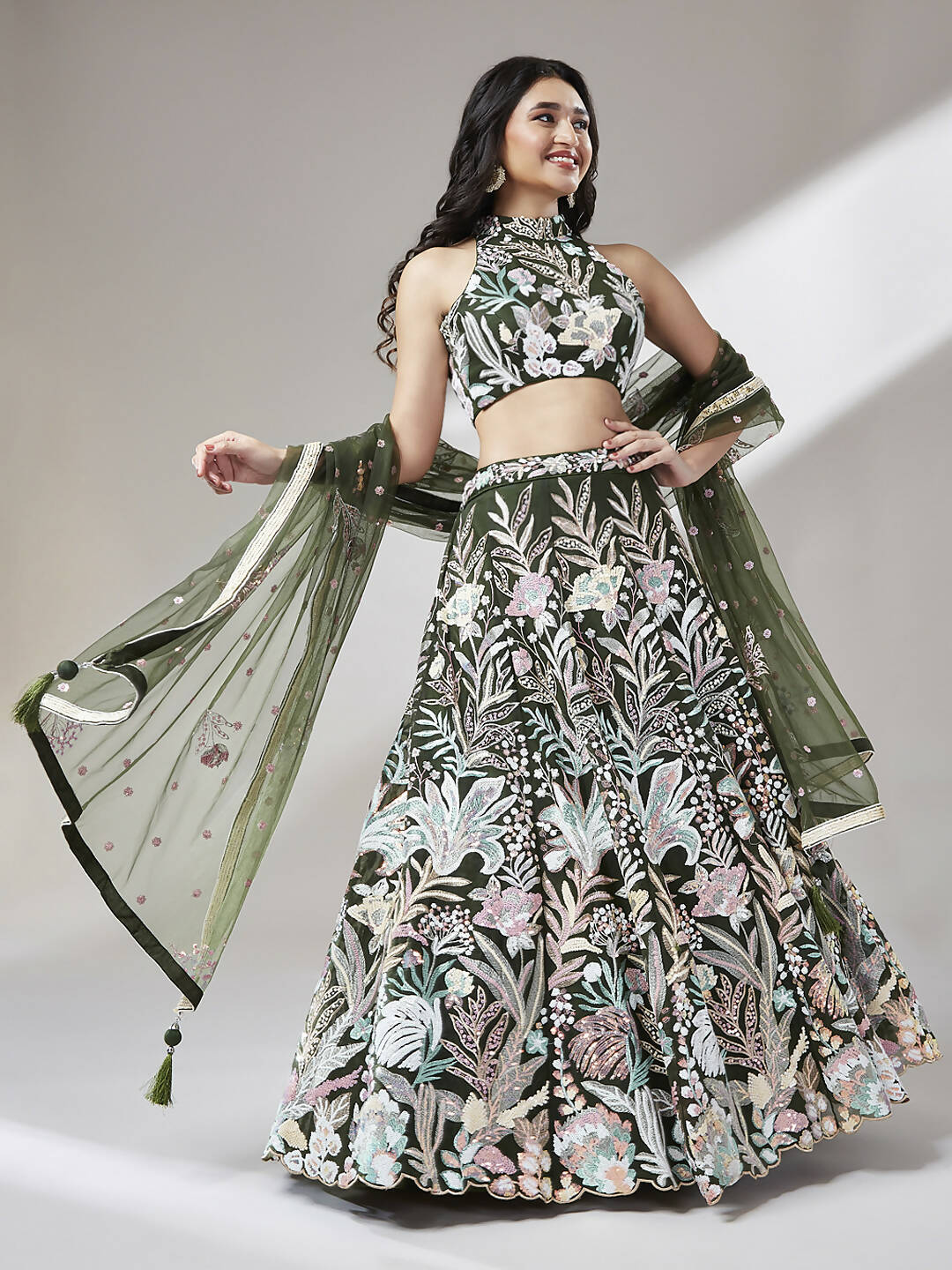 House of Panchhi Olive Net Sequinse Work Lehenga & Blouse with Dupatta | Grocsy