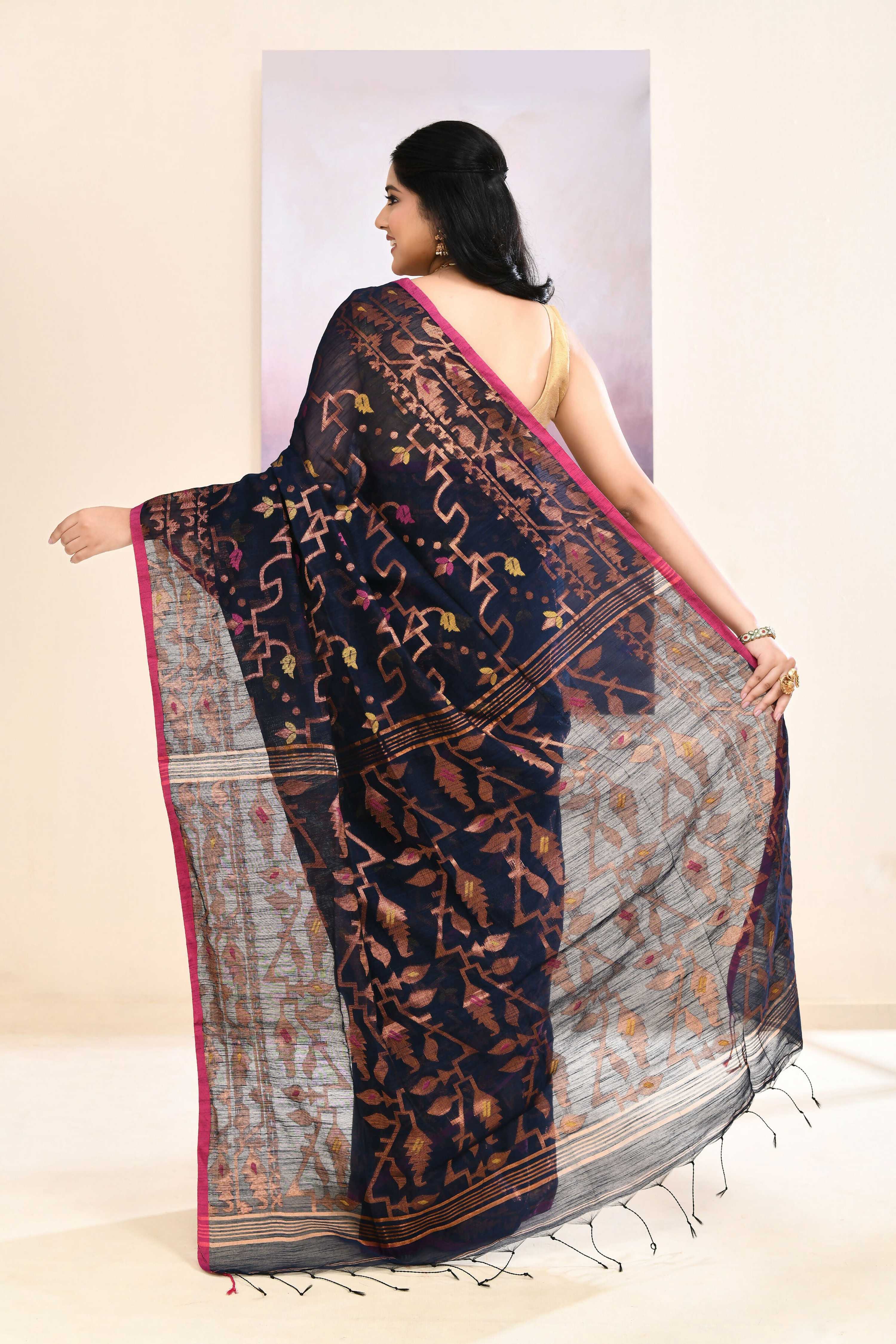 Piyari Fashion Women's Navy Blue Embellished Cotton Blend Jamdani Saree | Grocsy