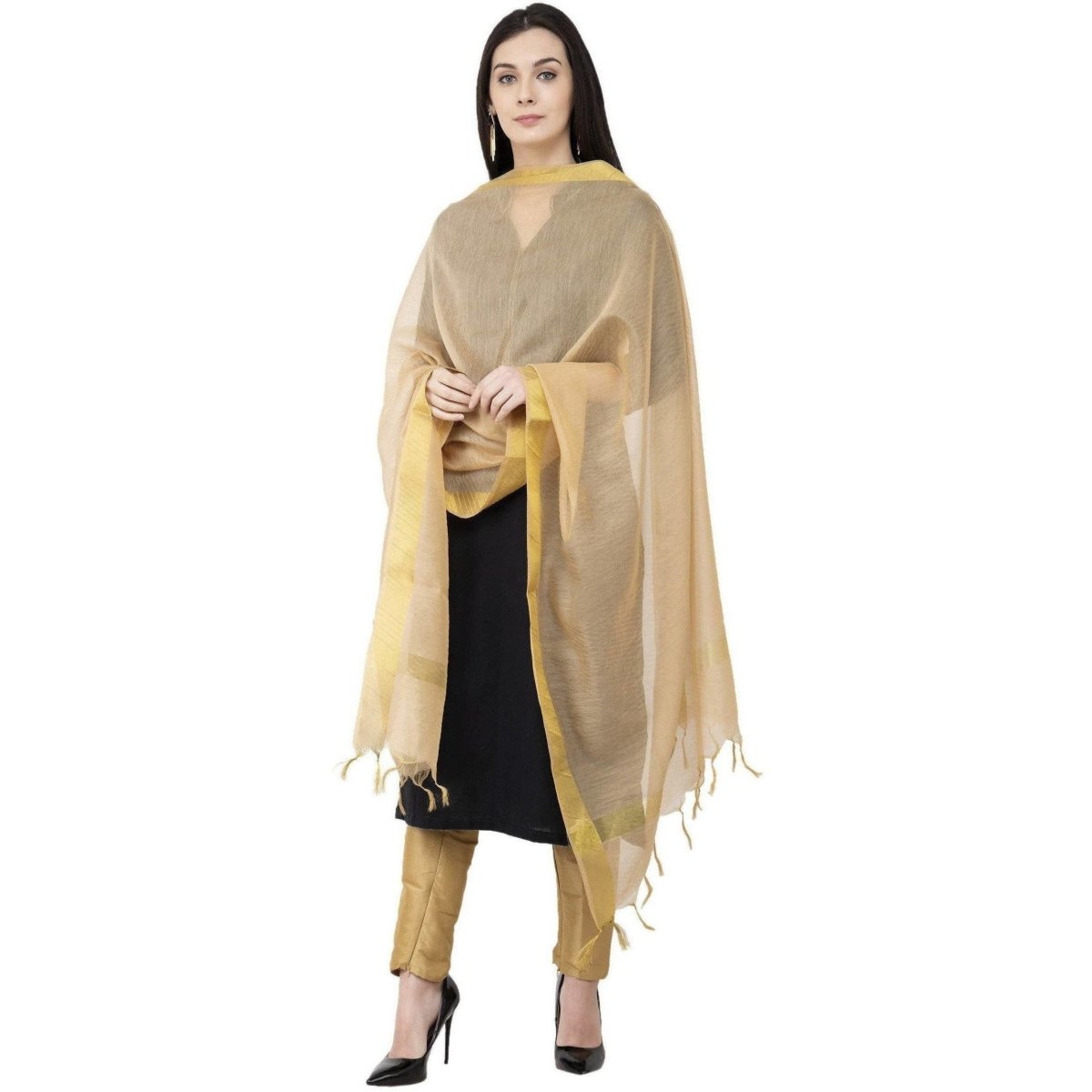 A R Silk Chanderi Chhoda Patta Regular Dupatta Golden Color Dupatta or Chunni | Grocsy