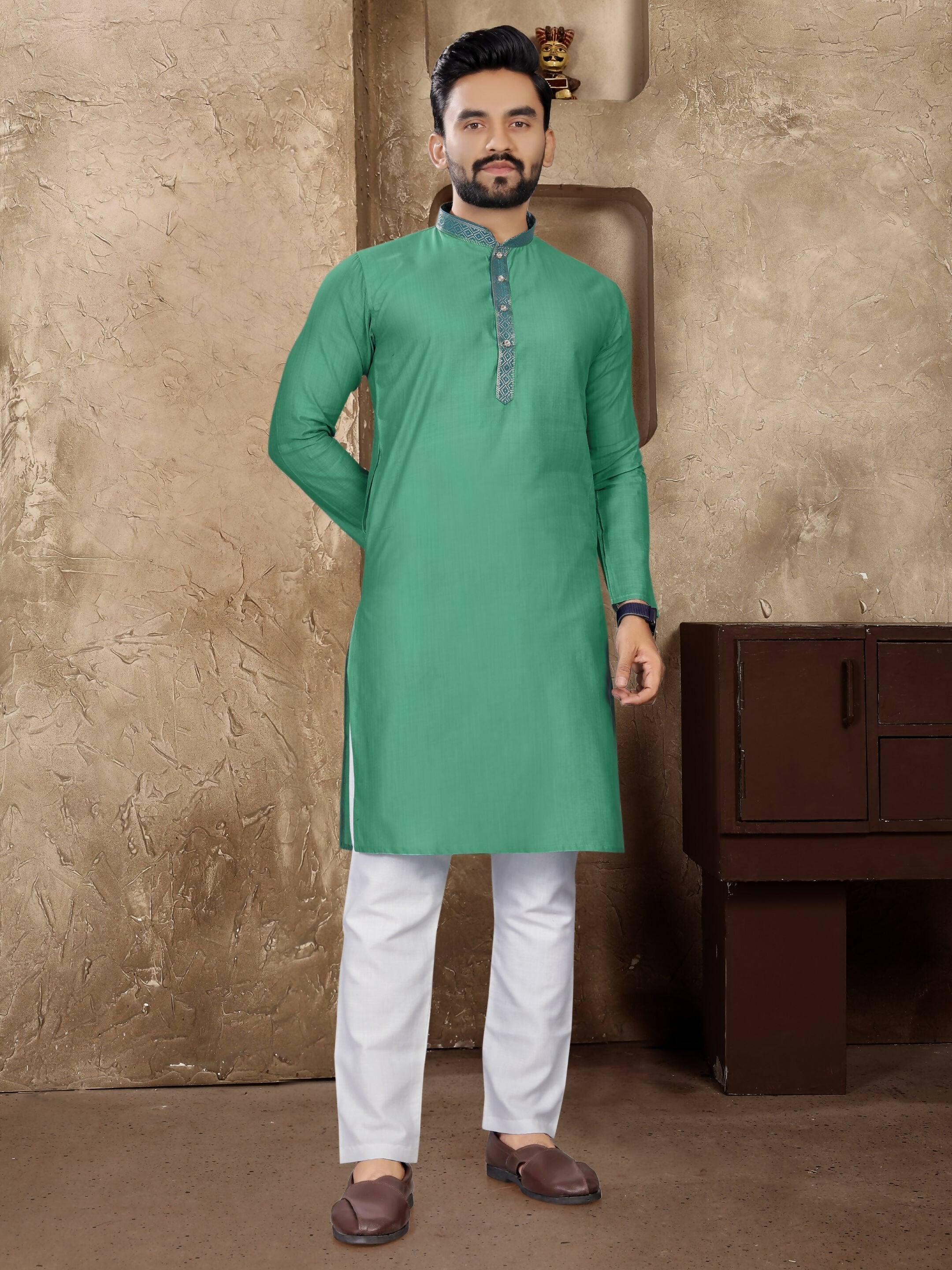 Anaita Rama Green Linen Silk Straight Kurta | Grocsy