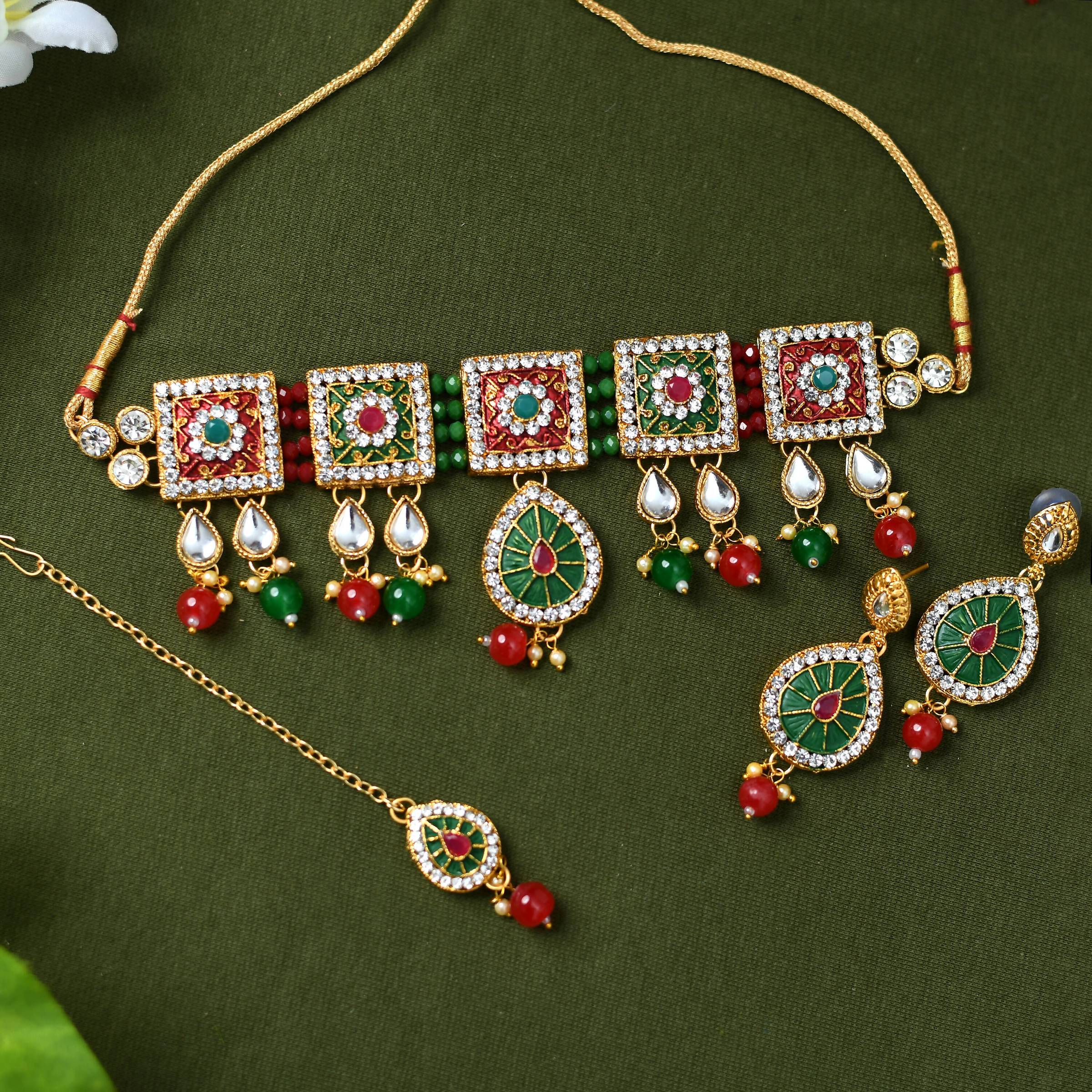 Mominos Fashion Johar Kamal Gold-Polished Brass Finish Meena & Pearls Work Choker For Women | Grocsy