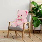 Webby Plush Cute Sitting Teddy Bear Soft Toys With Neck Bow And Foot Print, Pink | Grocsy