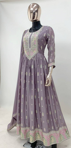 Lorenvalley Fashion Lavender Chinon Embroidery With Sequince Work Gown Stitched | Grocsy