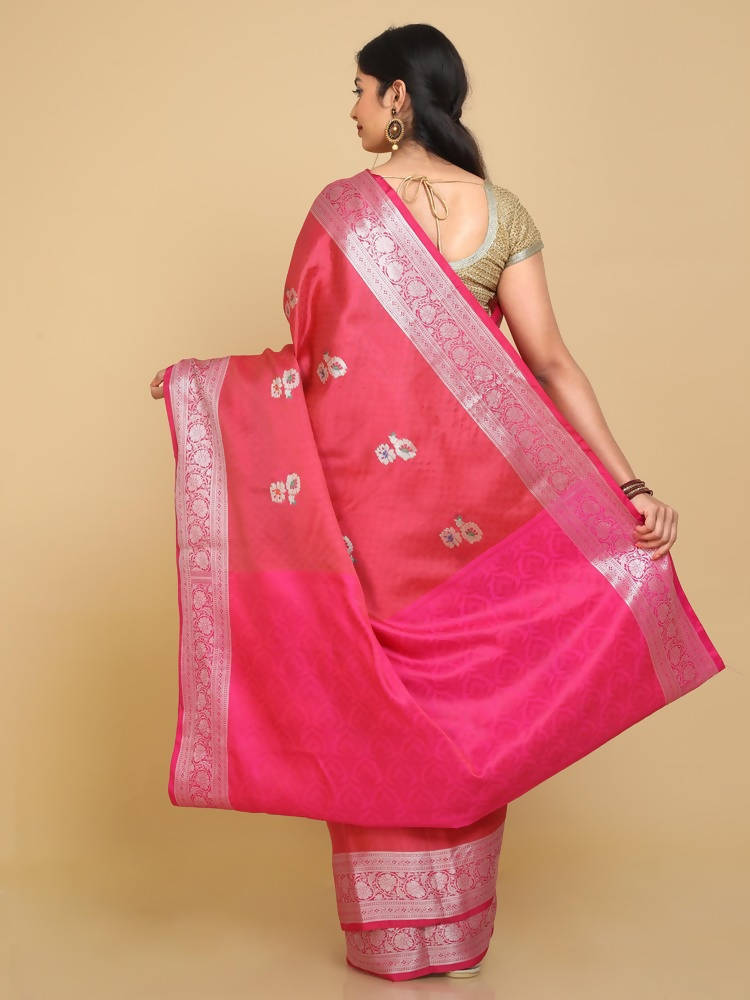 Kalamandir Floral Coral Color Silk Blend Saree | Grocsy