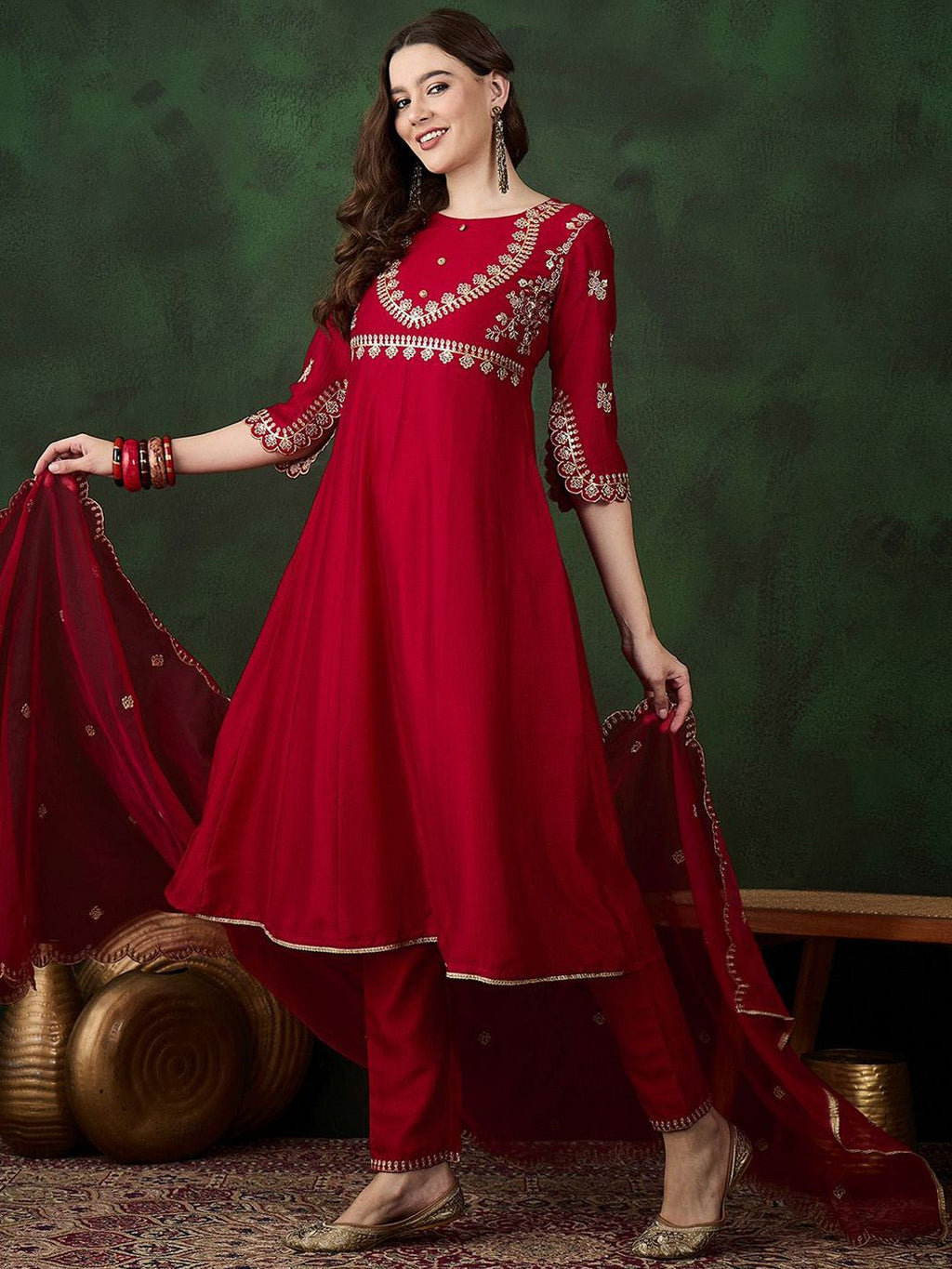 Sangria Round Neck Floral Zari Embroidered Straight Kurta with Trouser and Dupatta | Grocsy
