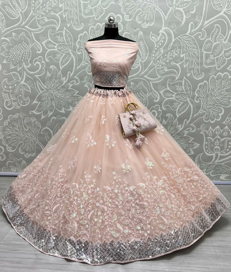 Jyoti Fashion Women's Peach Bridal Net Fancy Sequins with Multi Thread Embroidered Wedding Lehenga Choli | Grocsy
