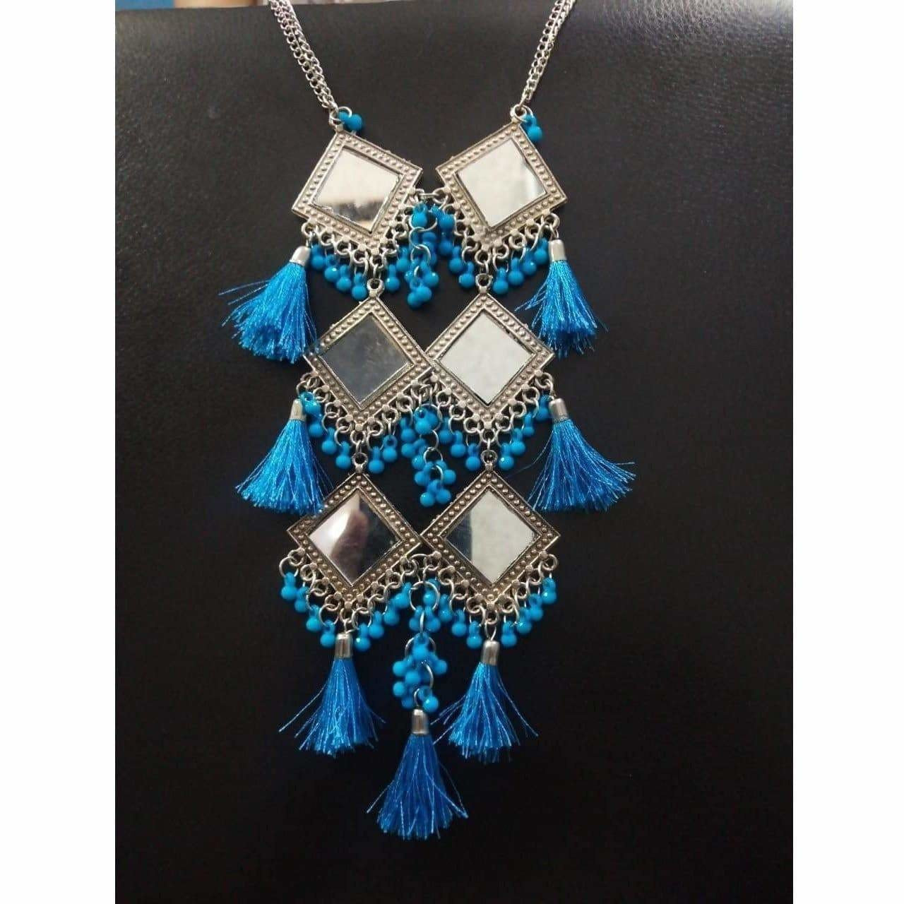 MS Fashion India Long Hanging Party wear Triple Mirror Design Blue Color Pearls And Silk Threads Earrings | Grocsy