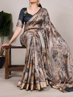 Vastranavya Mehendi Tussar Silk Printed with Viscose Border Saree with Unstitched Blouse | Grocsy