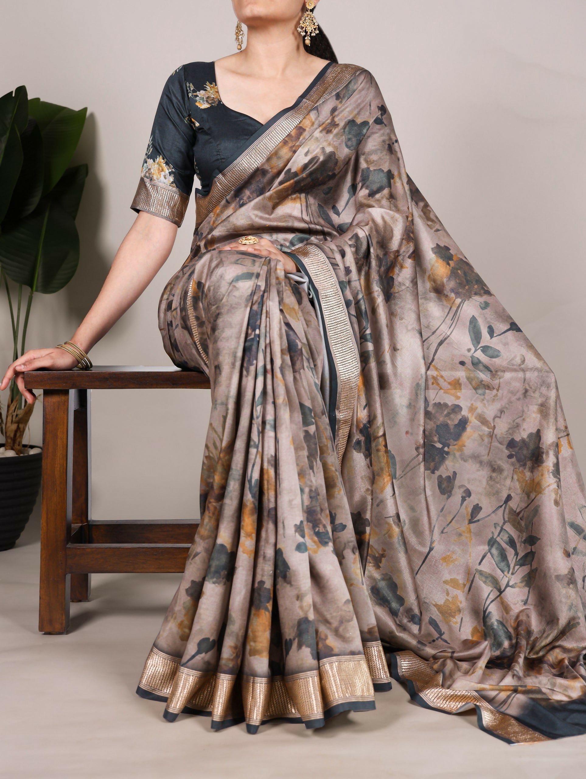 Vastranavya Mehendi Tussar Silk Printed with Viscose Border Saree with Unstitched Blouse | Grocsy