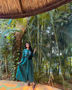 Jompers Women Green & White Yoke Design A-Line Kurta (Teal) | Grocsy