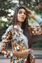 Jompers Women Mustard Yellow & Grey Satin Finish Printed Single-Breasted Blazer | Grocsy