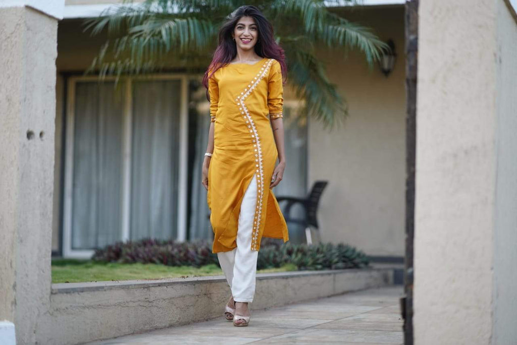 Jompers Women Mustard Embroidered Straight Kurta | Grocsy