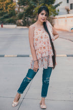 Jompers Women Peach-Coloured & Grey Printed Tiered Top | Grocsy