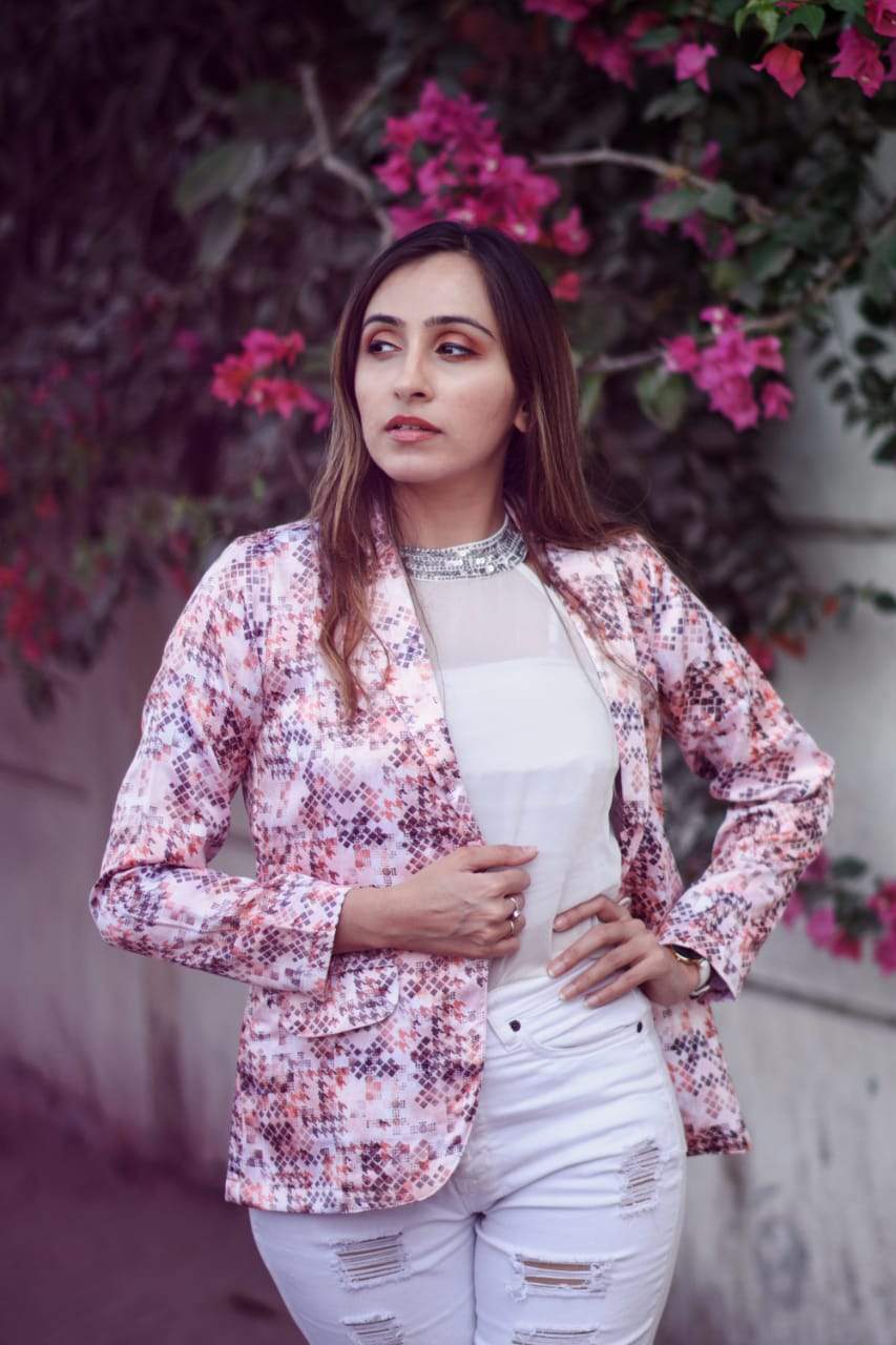 Jompers Women Peach-Coloured & Grey Satin Printed Single-Breasted Casual Blazer | Grocsy