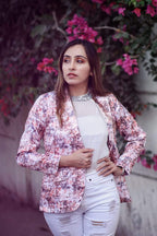 Jompers Women Peach-Coloured & Grey Satin Printed Single-Breasted Casual Blazer | Grocsy