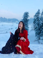 trueBrowns Red Velvet Flared Lace Kurta | Grocsy