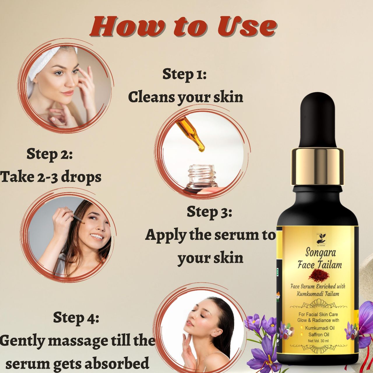 Songara Face Serum - Enriched With Kumkumadi Tailam | Grocsy