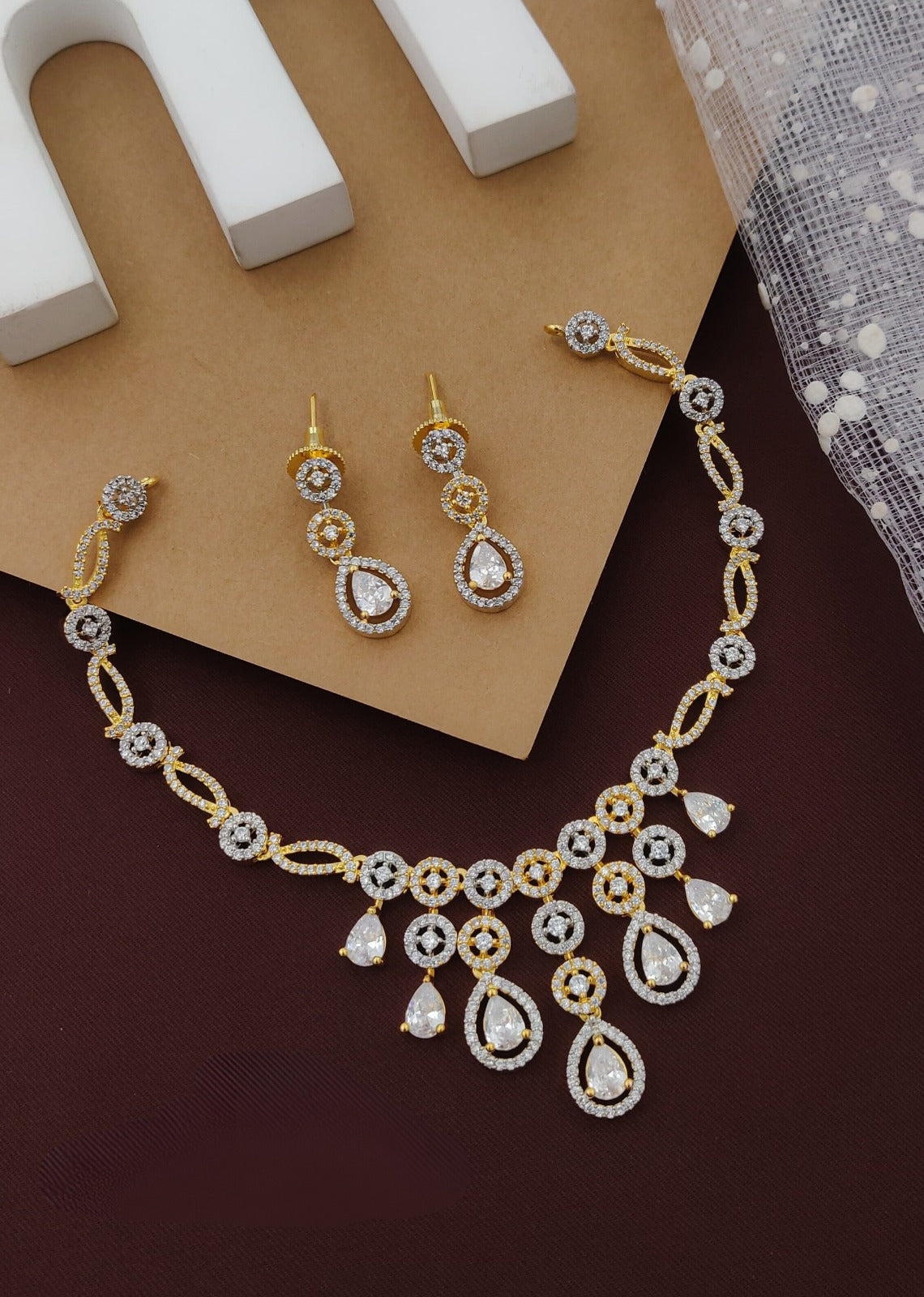 Golden Partywear American Diamond Gold-Polished Necklace Set By House of Ree - Swadesiicart