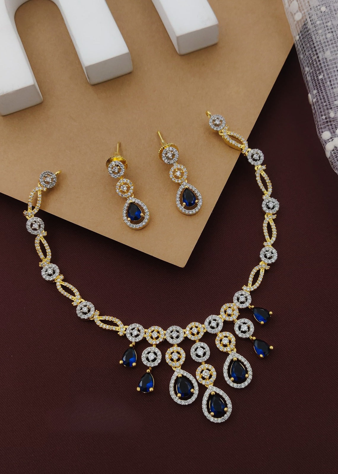 Royal Blue Partywear American Diamond Gold-Polished Necklace Set By House of Ree - Swadesiicart