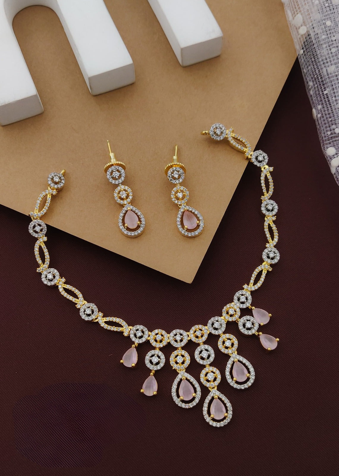 Light Pink Partywear American Diamond Gold-Polished Necklace Set By House of Ree - Swadesiicart